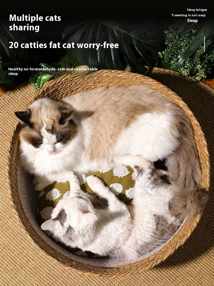 HKM-643091 Handmade Straw Cat Nest with Summer Cool Mat - Double-Sided Design for Cats and Small Dogs