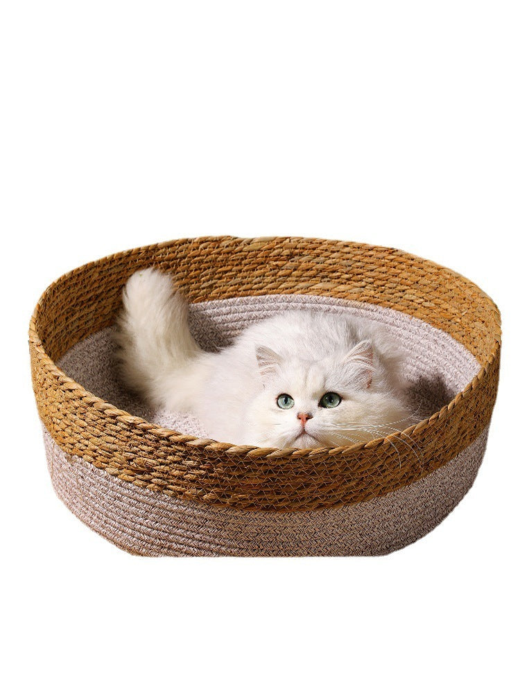 HKM-643091 Handmade Straw Cat Nest with Summer Cool Mat - Double-Sided Design for Cats and Small Dogs
