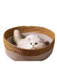 HKM-643091 Handmade Straw Cat Nest with Summer Cool Mat - Double-Sided Design for Cats and Small Dogs