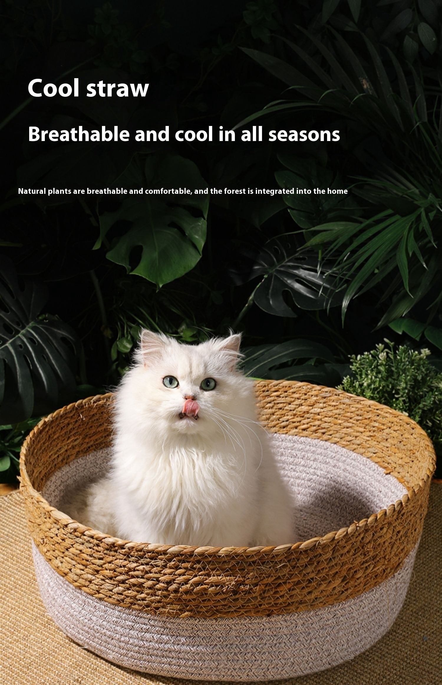 HKM-643091 Handmade Straw Cat Nest with Summer Cool Mat - Double-Sided Design for Cats and Small Dogs