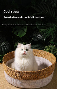 HKM-643091 Handmade Straw Cat Nest with Summer Cool Mat - Double-Sided Design for Cats and Small Dogs