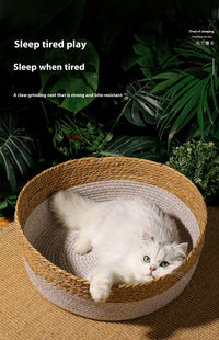 HKM-643091 Handmade Straw Cat Nest with Summer Cool Mat - Double-Sided Design for Cats and Small Dogs