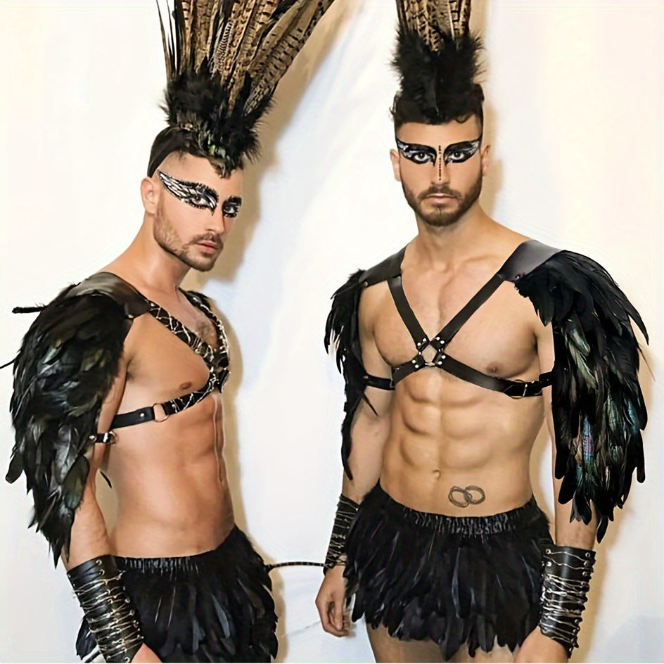 HKM-643923 Viking-Inspired Black Feather Leather Shoulder Armor for Halloween Cosplay