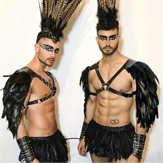 HKM-643923 Viking-Inspired Black Feather Leather Shoulder Armor for Halloween Cosplay