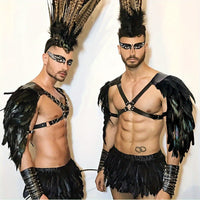 HKM-643923 Viking-Inspired Black Feather Leather Shoulder Armor for Halloween Cosplay