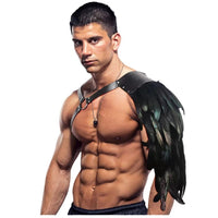 HKM-643923 Viking-Inspired Black Feather Leather Shoulder Armor for Halloween Cosplay