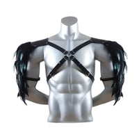 HKM-643923 Viking-Inspired Black Feather Leather Shoulder Armor for Halloween Cosplay