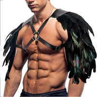 HKM-643923 Viking-Inspired Black Feather Leather Shoulder Armor for Halloween Cosplay