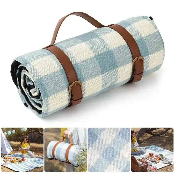 KTX-644307 Extra Large Waterproof Picnic Blanket with Vegan Leather Strap and Logo for Camping and Outdoor Use