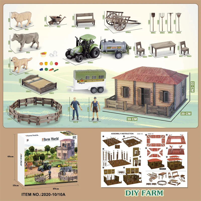 KTX-645203 DIY Farm House Animal Action Figure Play Set with Tractors and Farm Truck