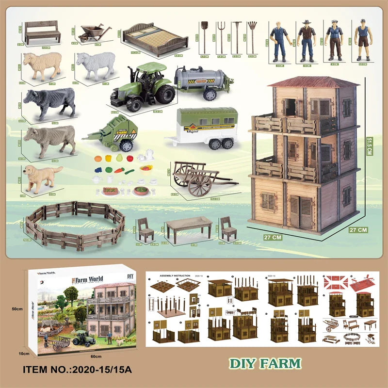KTX-645203 DIY Farm House Animal Action Figure Play Set with Tractors and Farm Truck