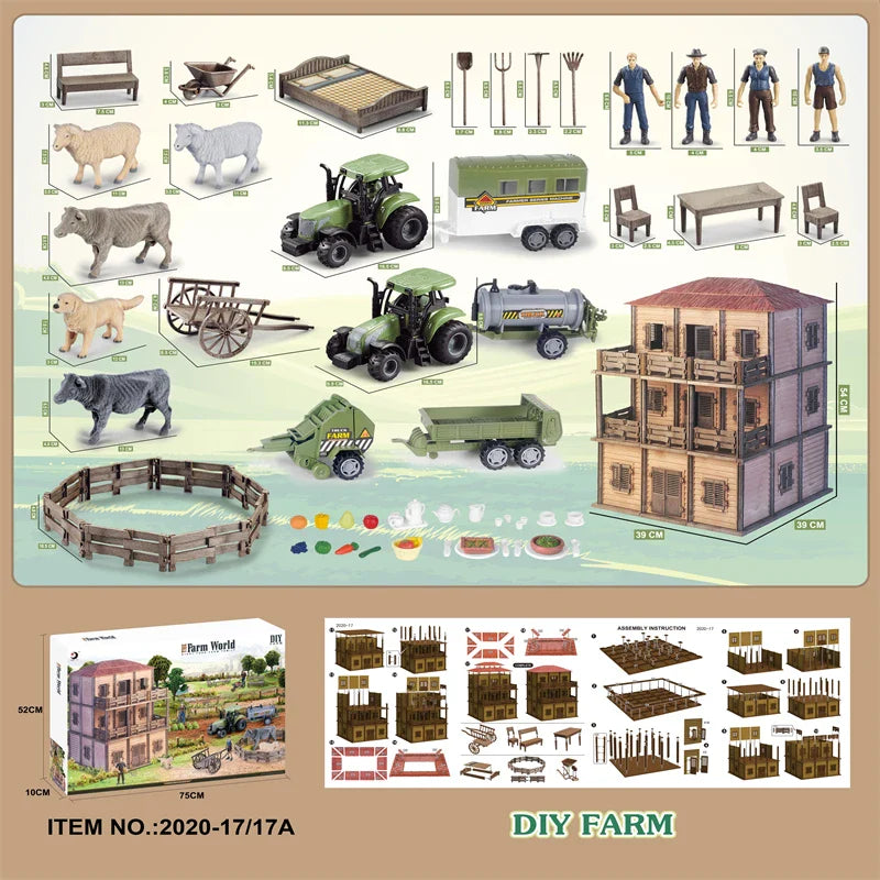 KTX-645203 DIY Farm House Animal Action Figure Play Set with Tractors and Farm Truck