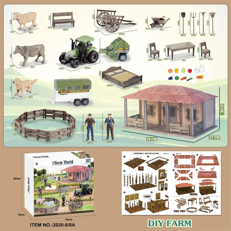 KTX-645203 DIY Farm House Animal Action Figure Play Set with Tractors and Farm Truck