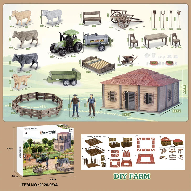 KTX-645203 DIY Farm House Animal Action Figure Play Set with Tractors and Farm Truck