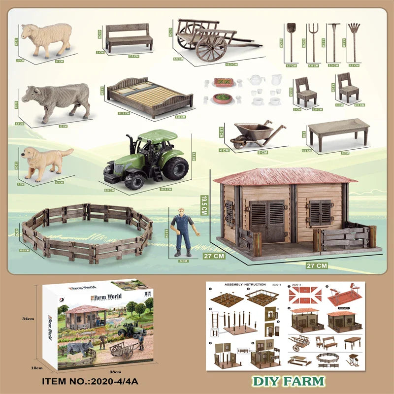 KTX-645203 DIY Farm House Animal Action Figure Play Set with Tractors and Farm Truck