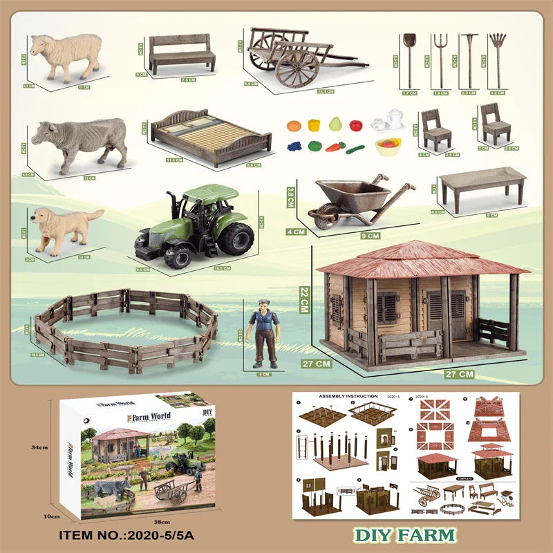 KTX-645203 DIY Farm House Animal Action Figure Play Set with Tractors and Farm Truck