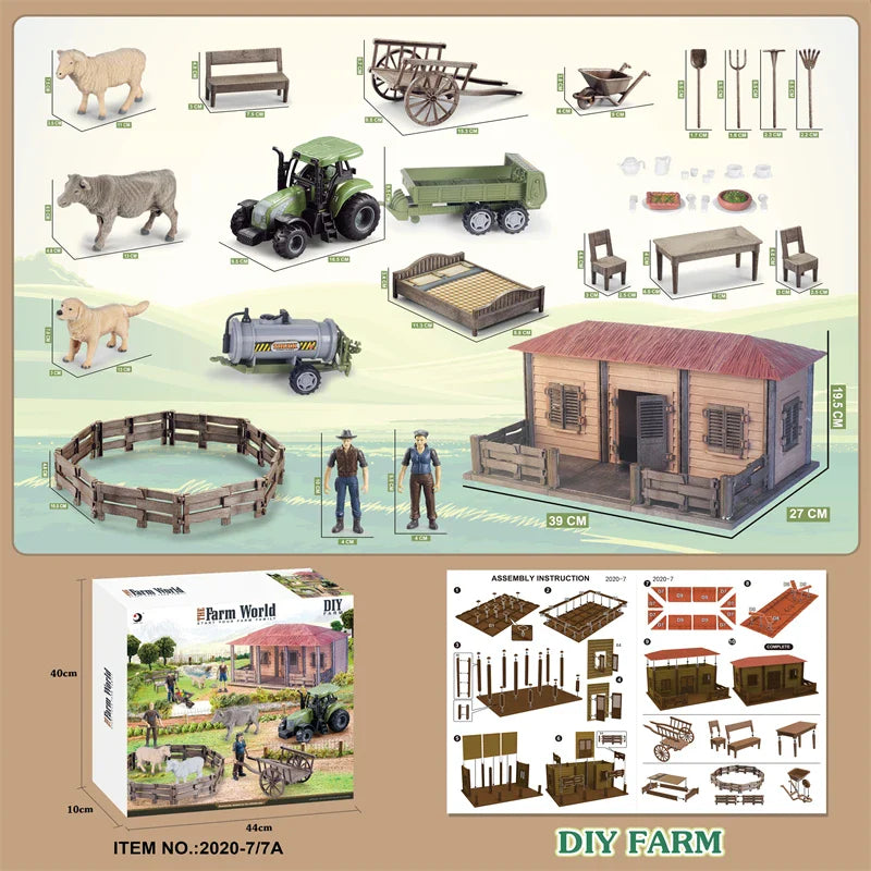 KTX-645203 DIY Farm House Animal Action Figure Play Set with Tractors and Farm Truck