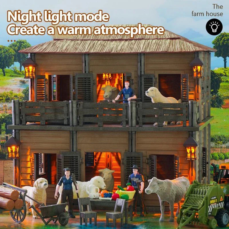 KTX-645203 DIY Farm House Animal Action Figure Play Set with Tractors and Farm Truck
