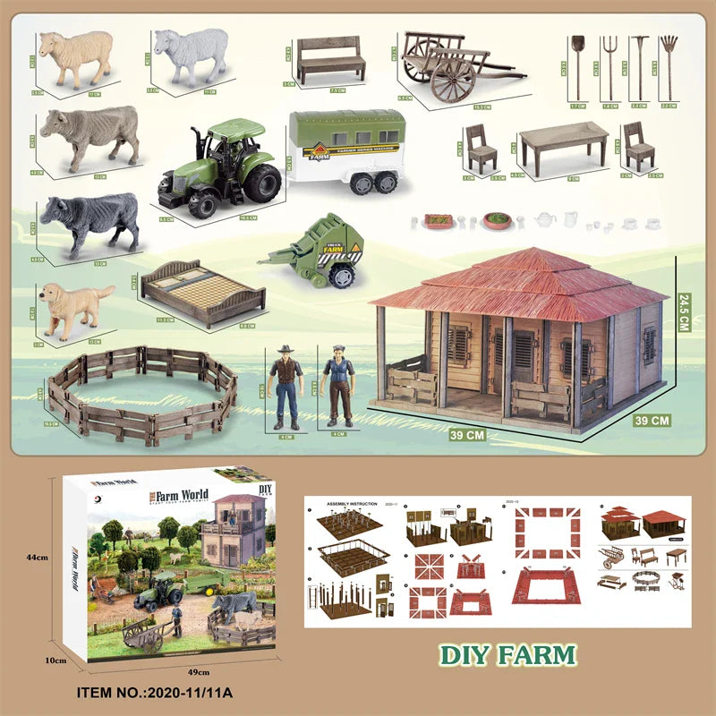 KTX-645203 DIY Farm House Animal Action Figure Play Set with Tractors and Farm Truck