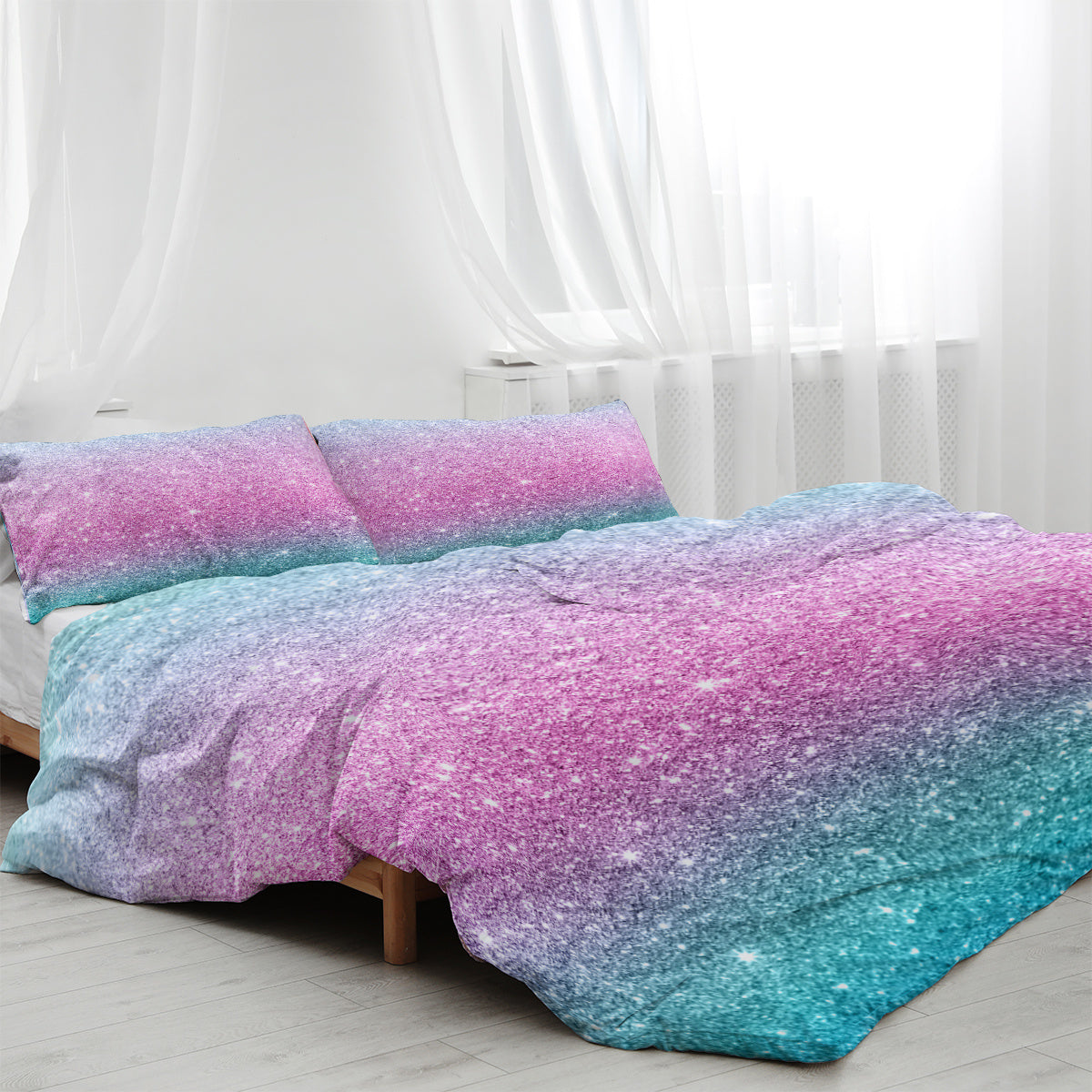 HKM-645267 Rainbow Glitter Ombre 3-Piece Duvet Cover Set in Purple, Blue, and Green Pastels with Pillow Shams