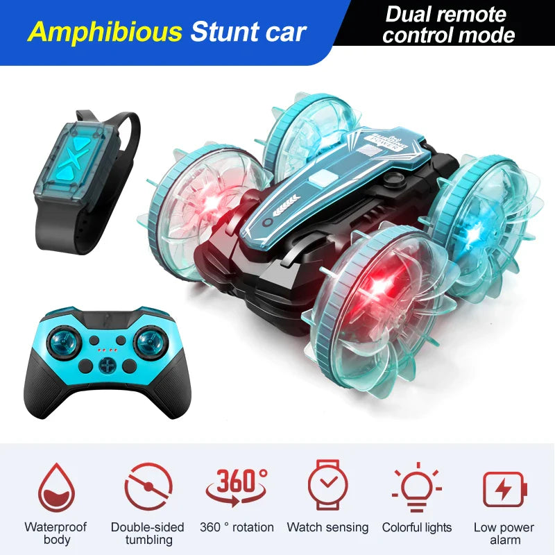HKM-645523 Gesture Sensor Amphibious RC Stunt Car with Light-Up Wheels and Remote Control, 50m Range, Indoor/Outdoor Use