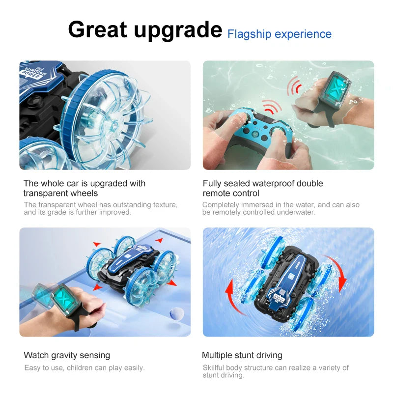 HKM-645523 Gesture Sensor Amphibious RC Stunt Car with Light-Up Wheels and Remote Control, 50m Range, Indoor/Outdoor Use