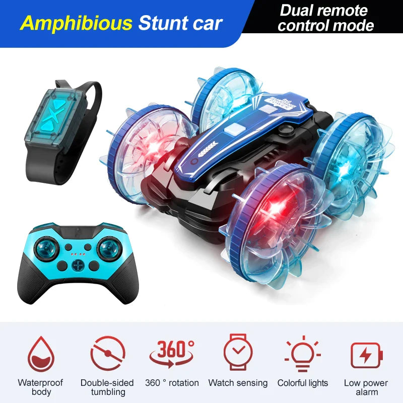 HKM-645523 Gesture Sensor Amphibious RC Stunt Car with Light-Up Wheels and Remote Control, 50m Range, Indoor/Outdoor Use