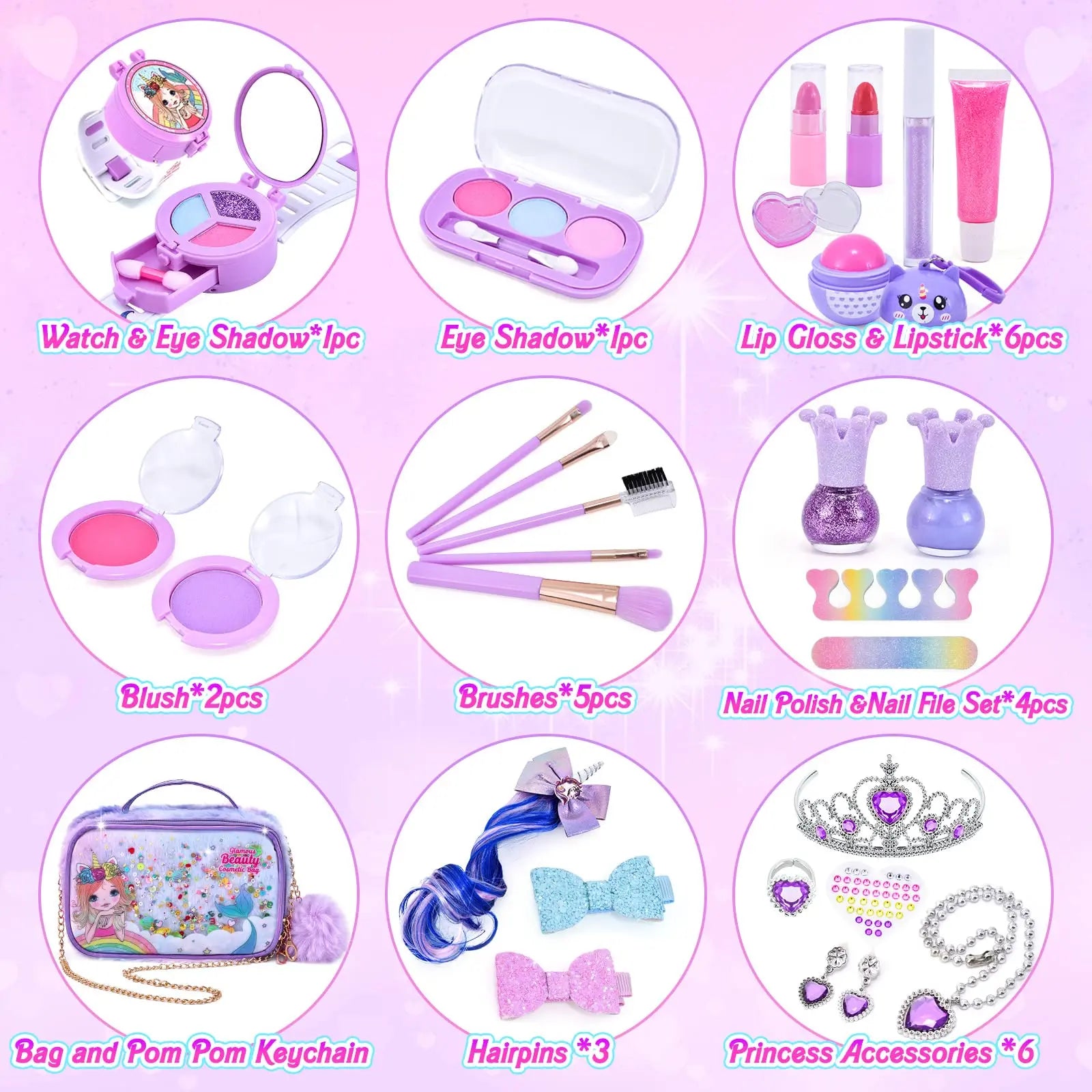 KTX-645779 Kids Sustainable Washable Princess Pretend Play Makeup Kit Mermaid Style for Ages 2 to 14+