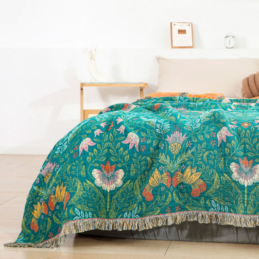 HKM-646099 Cotton Gauze Blanket with Zhuhua Tassels in Green - Available in Two Sizes