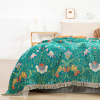 HKM-646099 Cotton Gauze Blanket with Zhuhua Tassels in Green - Available in Two Sizes