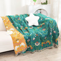 HKM-646099 Cotton Gauze Blanket with Zhuhua Tassels in Green - Available in Two Sizes