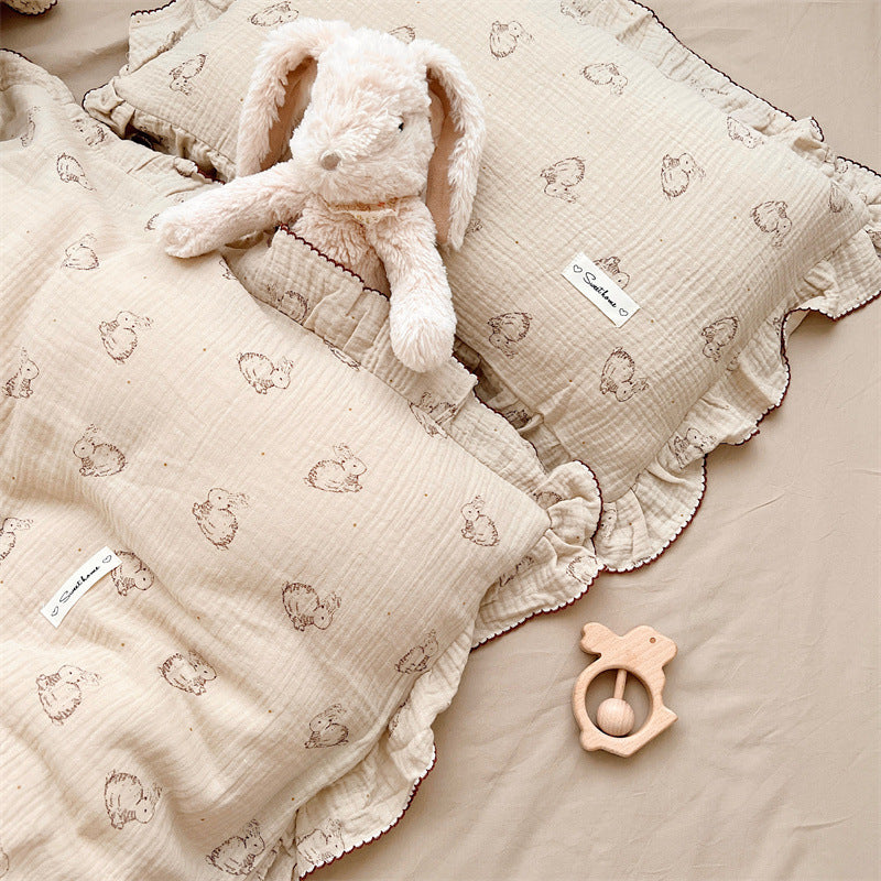 HKM-646099 Cotton Gauze Double-Layer Rabbit Quilt Cover Set with Pillowcases for Kids and Cribs