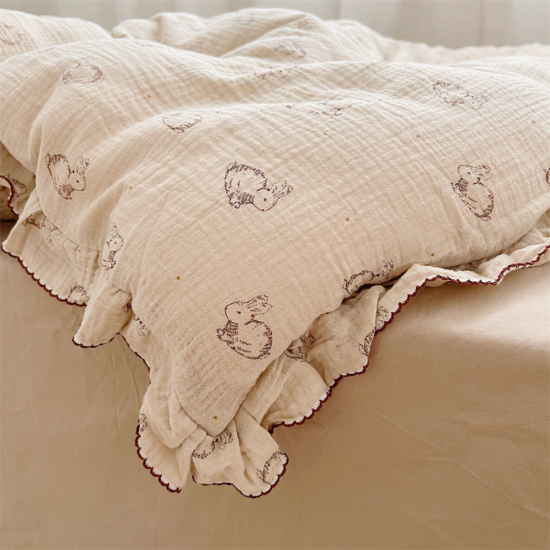HKM-646099 Cotton Gauze Double-Layer Rabbit Quilt Cover Set with Pillowcases for Kids and Cribs