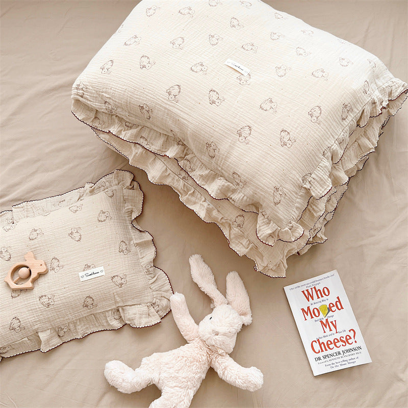 HKM-646099 Cotton Gauze Double-Layer Rabbit Quilt Cover Set with Pillowcases for Kids and Cribs