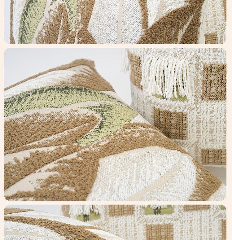 HKM-646227 Modern Cream Square Pillow with Plant and Flower Design, 45x45cm, Chenille Case