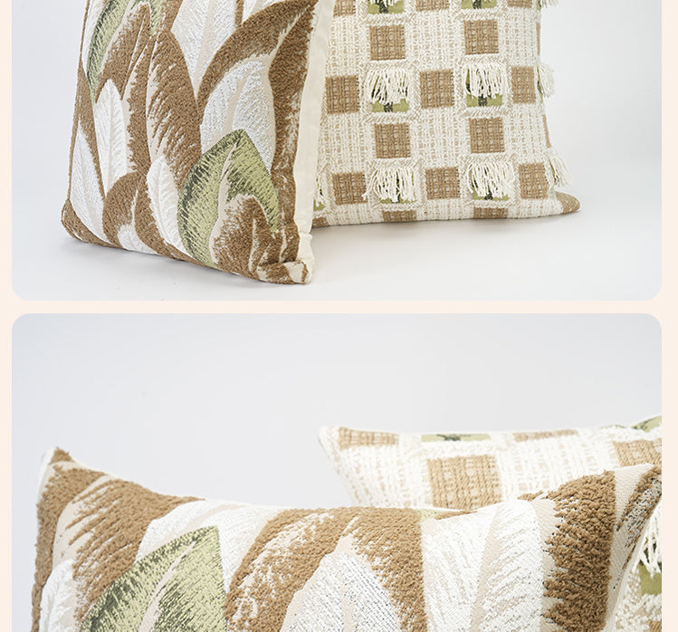 HKM-646227 Modern Cream Square Pillow with Plant and Flower Design, 45x45cm, Chenille Case