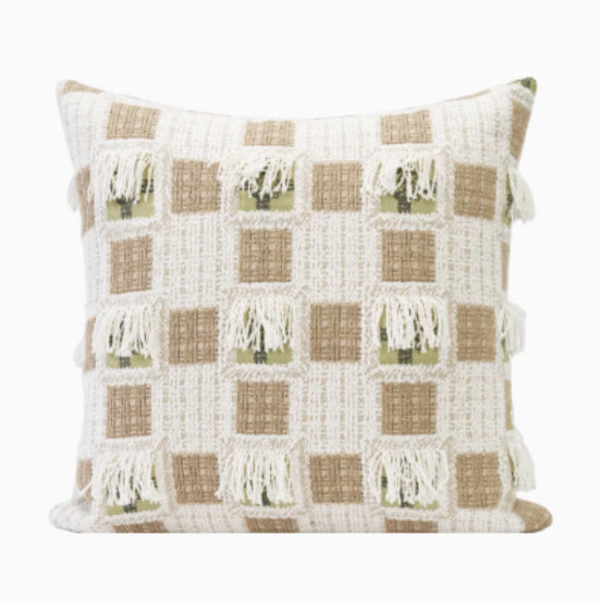 HKM-646227 Modern Cream Square Pillow with Plant and Flower Design, 45x45cm, Chenille Case