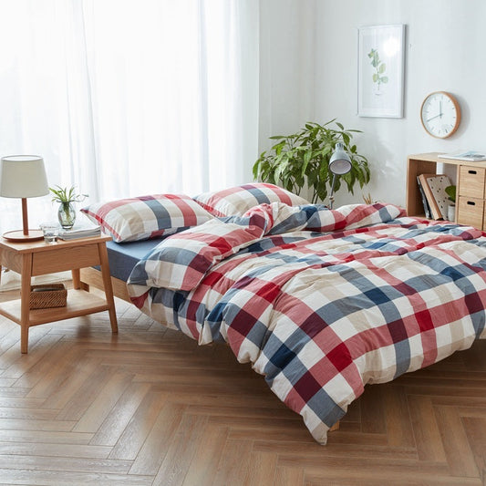 HKM-646419 Cotton Plaid Quilt Cover Set with Fitted Sheets and Pillowcases in Multiple Sizes