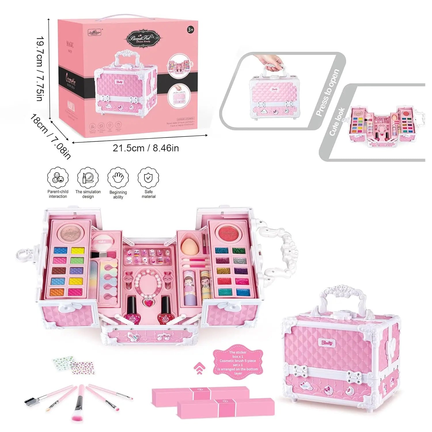 KTX-646931 Kids Pretend Play Makeup Set in Suitcase - Real Cosmetics Kit for Girls Ages 2-7