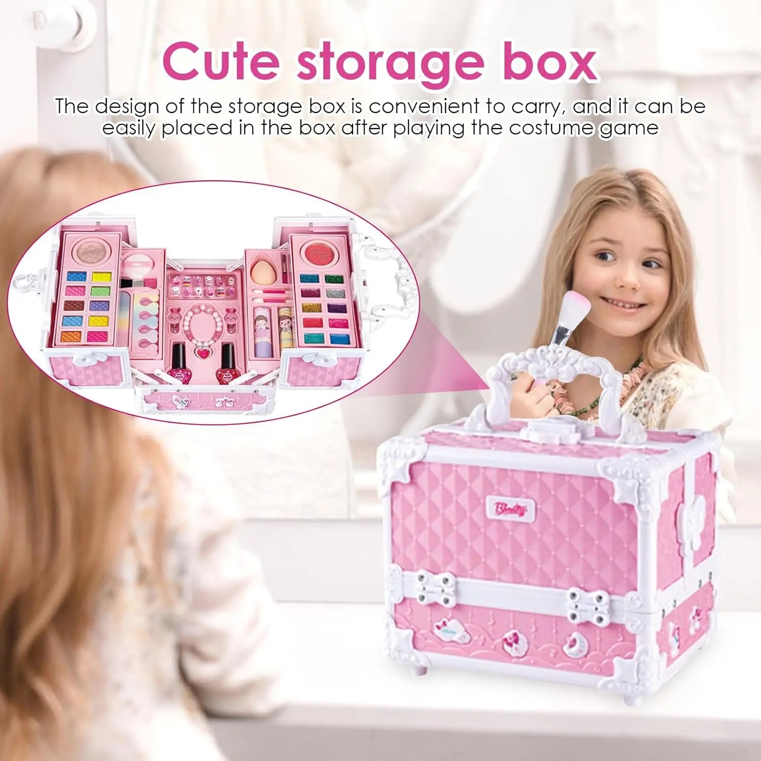 KTX-646931 Kids Pretend Play Makeup Set in Suitcase - Real Cosmetics Kit for Girls Ages 2-7