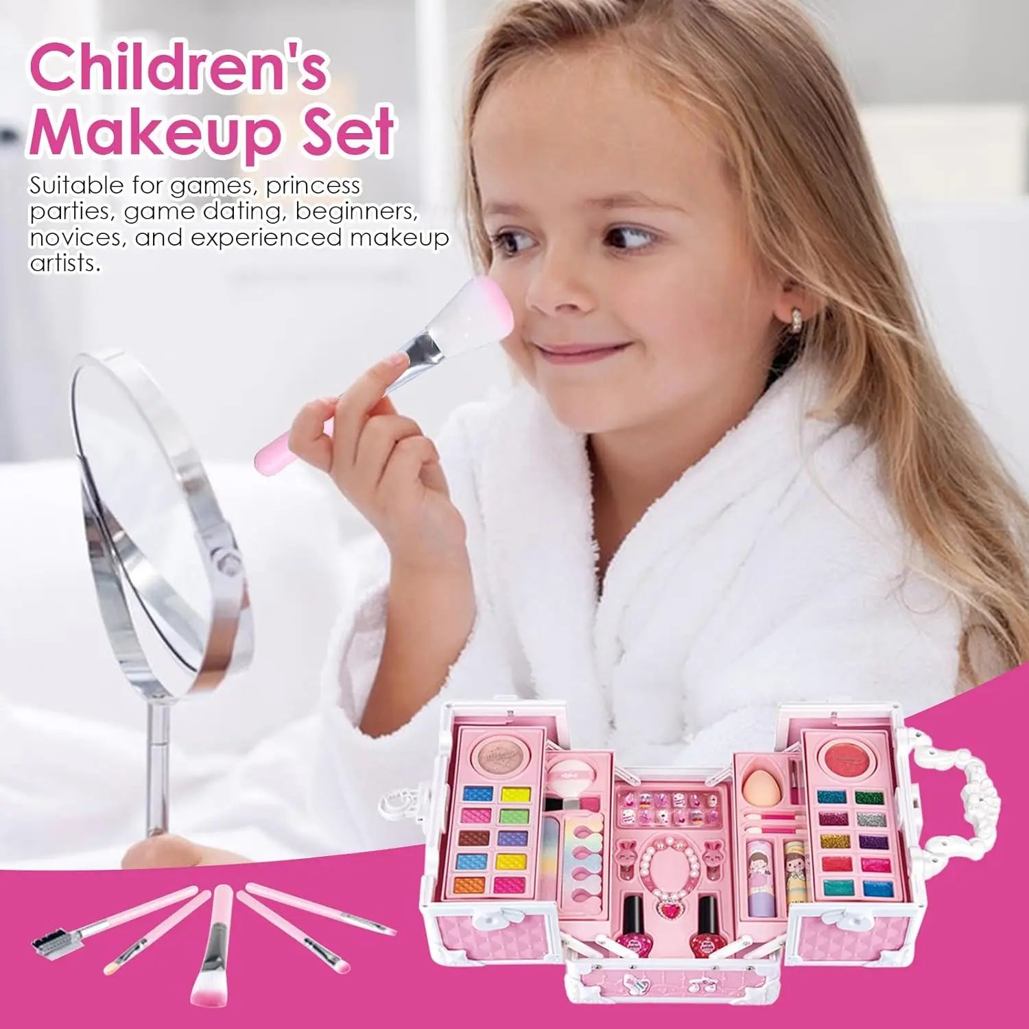 KTX-646931 Kids Pretend Play Makeup Set in Suitcase - Real Cosmetics Kit for Girls Ages 2-7