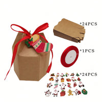 HKM-647059 24 Pcs Christmas Treat Boxes with Cards and Ribbons - Santa, Elf, Snowman, and Christmas Tree Designs