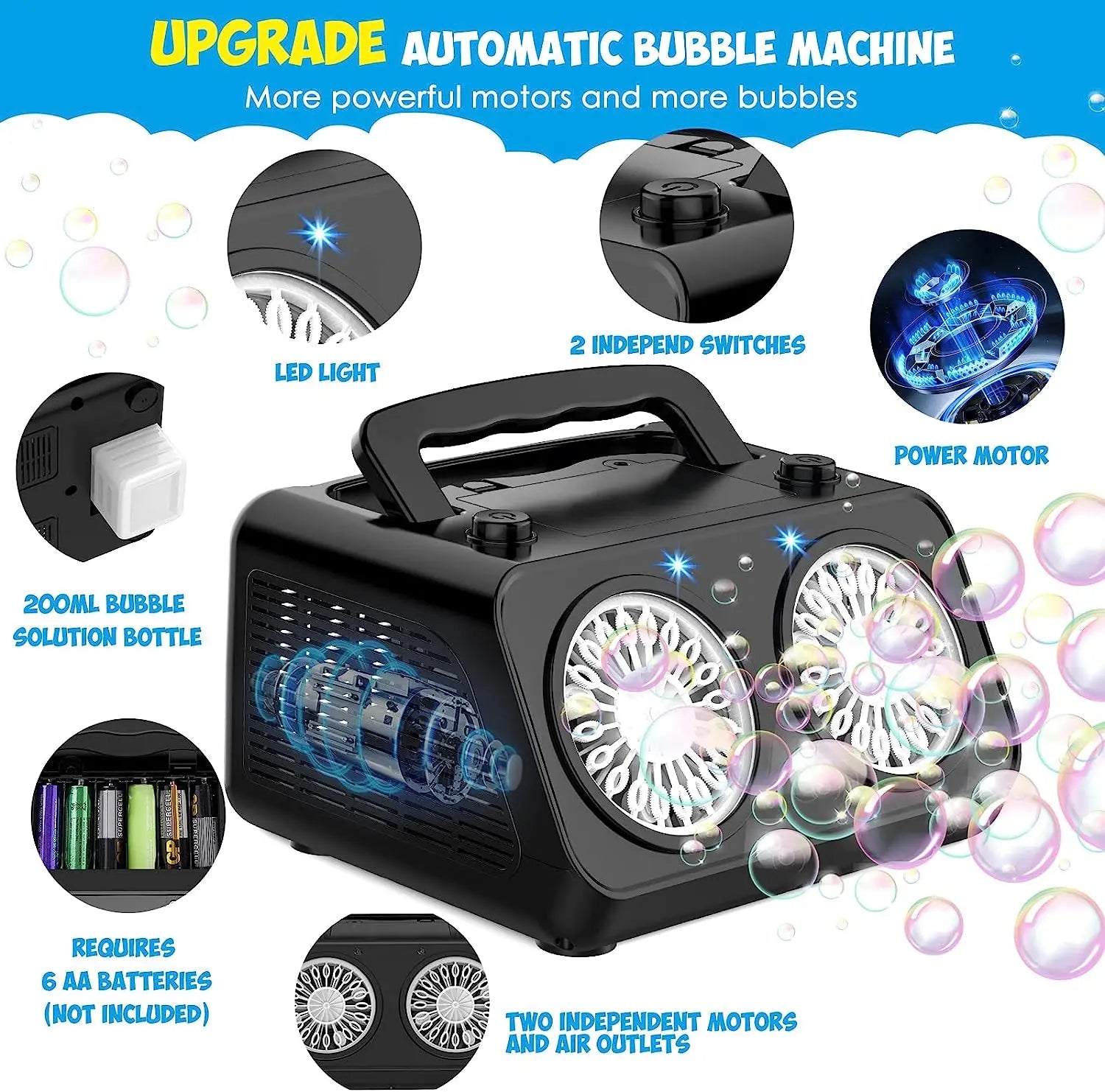 HKM-647059 Automatic Bubble Maker Machine for All Ages - Portable Electric Bubble Blower in Black or White