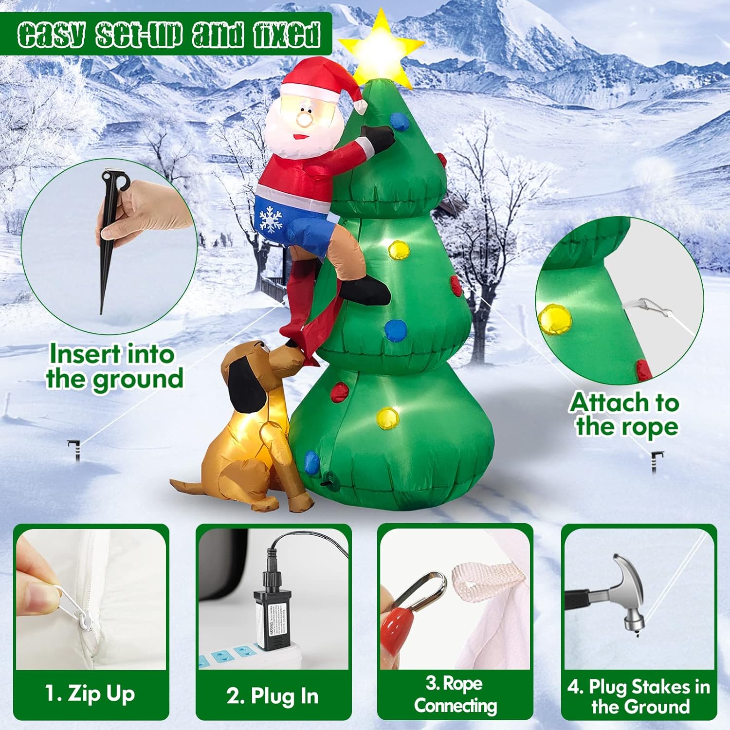 HKM-647443 6 FT Inflatable Christmas Tree with Santa and Dog – LED Lights for Outdoor Holiday Decor