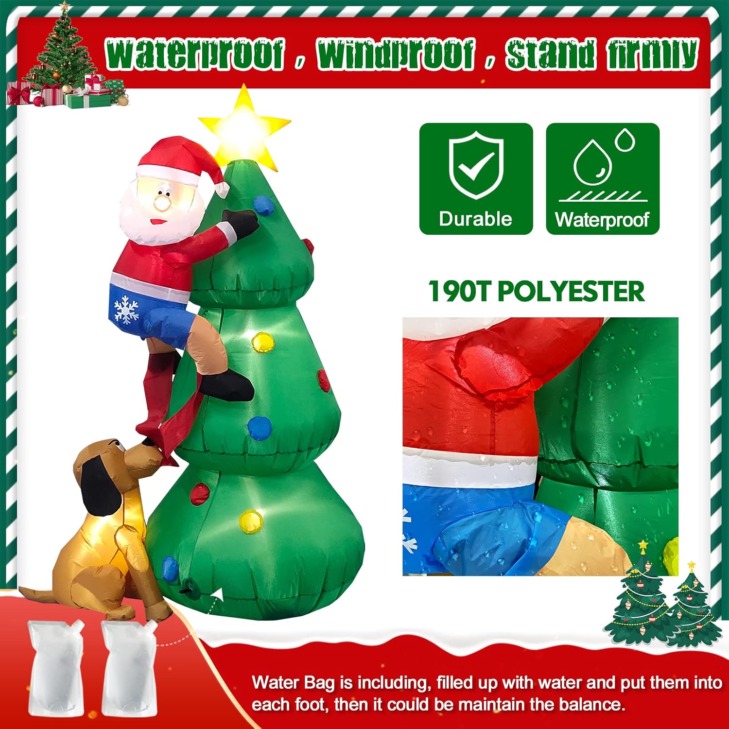 HKM-647443 6 FT Inflatable Christmas Tree with Santa and Dog – LED Lights for Outdoor Holiday Decor