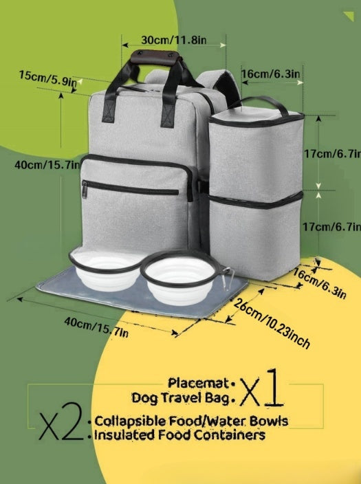 HKM-647443 Outdoor Pet Bag Set with 20L Capacity, Placemat, Folding Bowls, and Small Bags - Gray