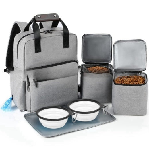 HKM-647443 Outdoor Pet Bag Set with 20L Capacity, Placemat, Folding Bowls, and Small Bags - Gray