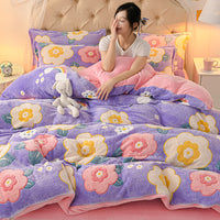 HKM-647571 Coral Velvet Double-Sided Bedding Set with Cartoon Patterns, 4-Piece Collection for Various Bed Sizes