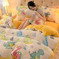 HKM-647571 Coral Velvet Double-Sided Bedding Set with Cartoon Patterns, 4-Piece Collection for Various Bed Sizes