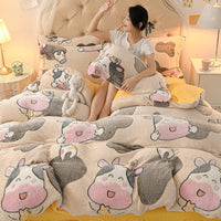 HKM-647571 Coral Velvet Double-Sided Bedding Set with Cartoon Patterns, 4-Piece Collection for Various Bed Sizes